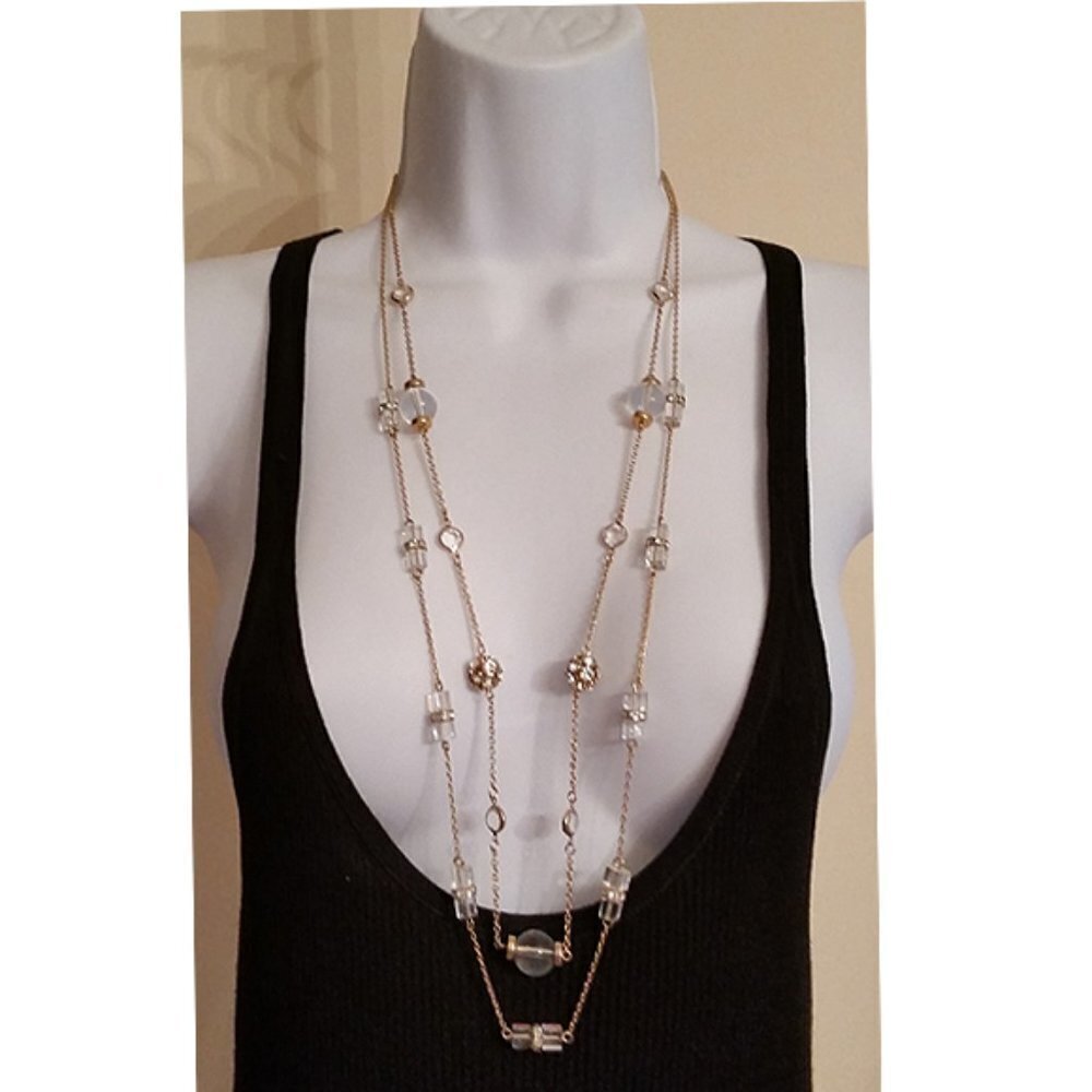 𝅺Bundle lot 2 J.crew gold tone long chain station necklaces trendy layered look